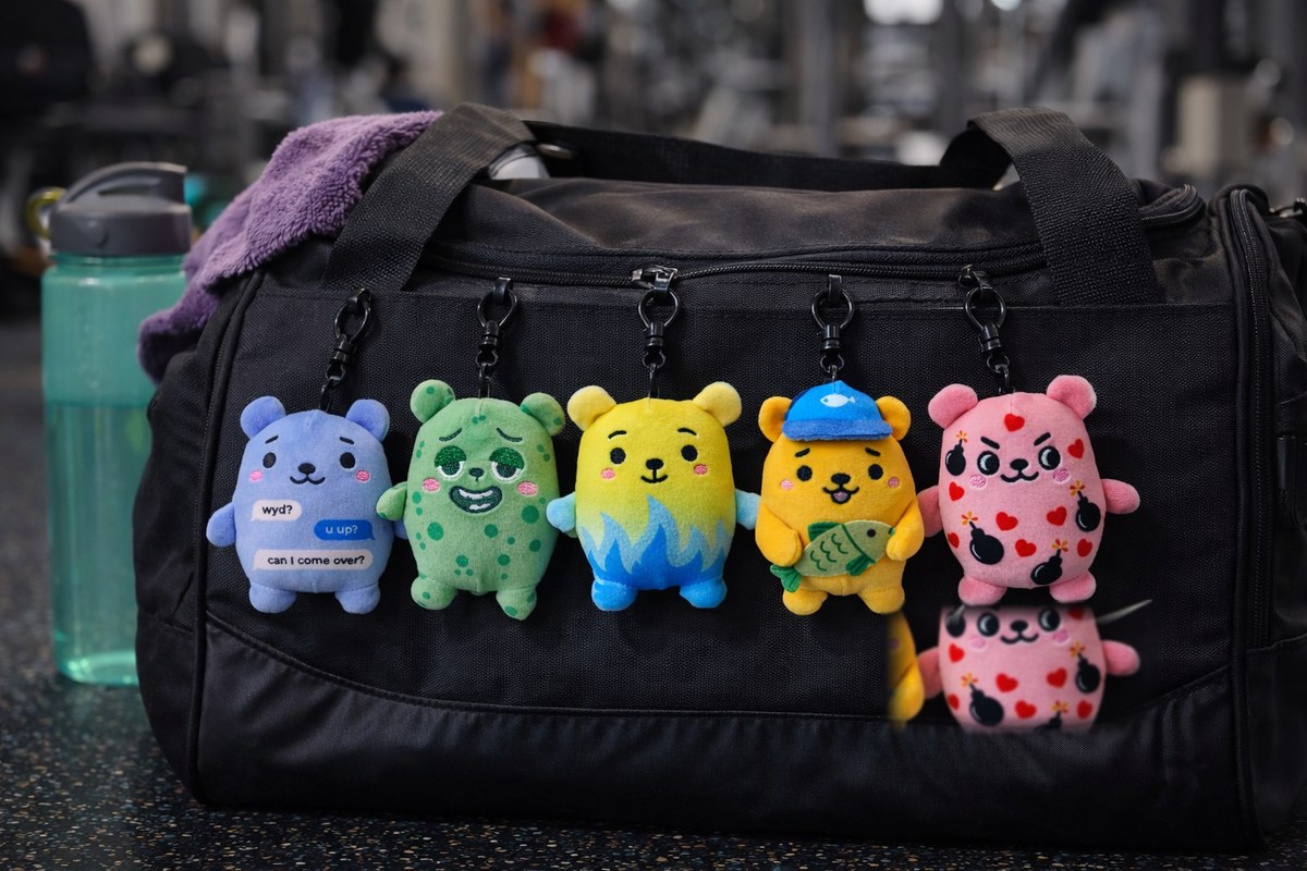 Bad Date Bears clip-ons clipped to a gym bag