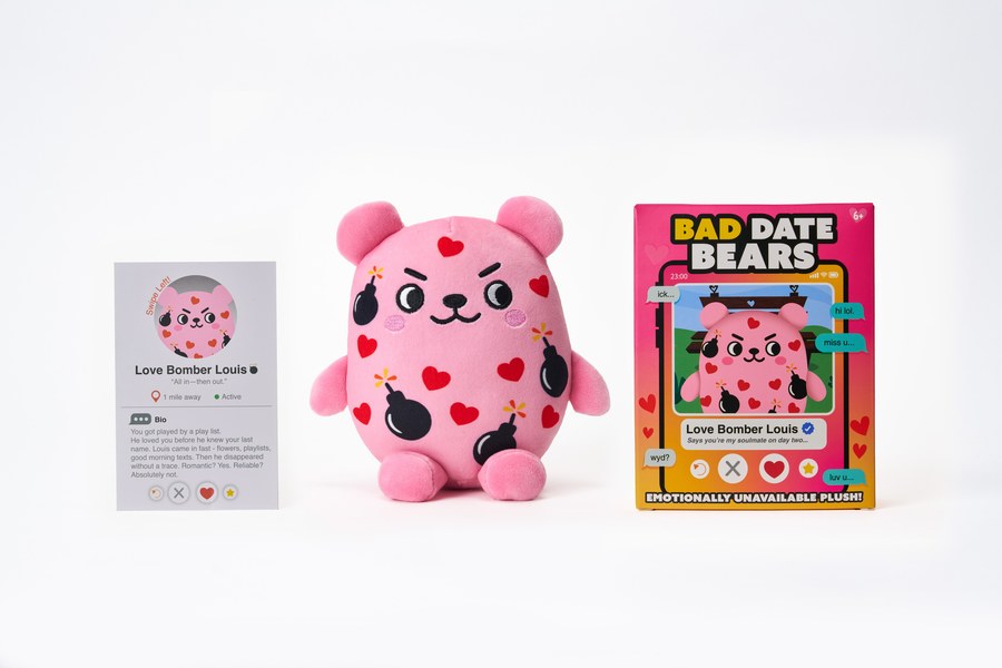 Love Bomber Louis — bear, bio card, and box